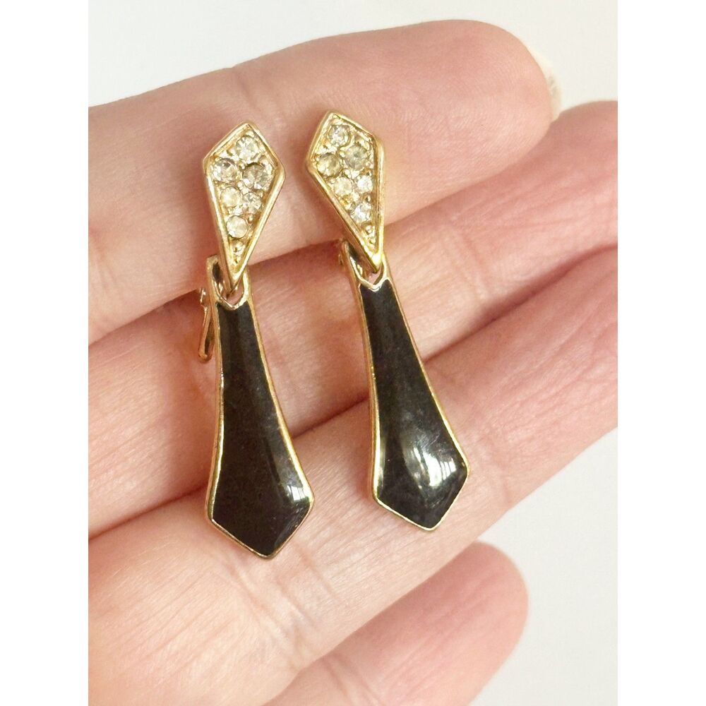 90s Trifari Black Enamel and Gold Tone Dangle Earrings Rhinestone Accents